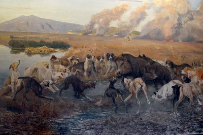 (dettaglio) del dipinto di Eugenio Cecconi La caccia al cinghiale nel Padule di Burano alla Galleria d